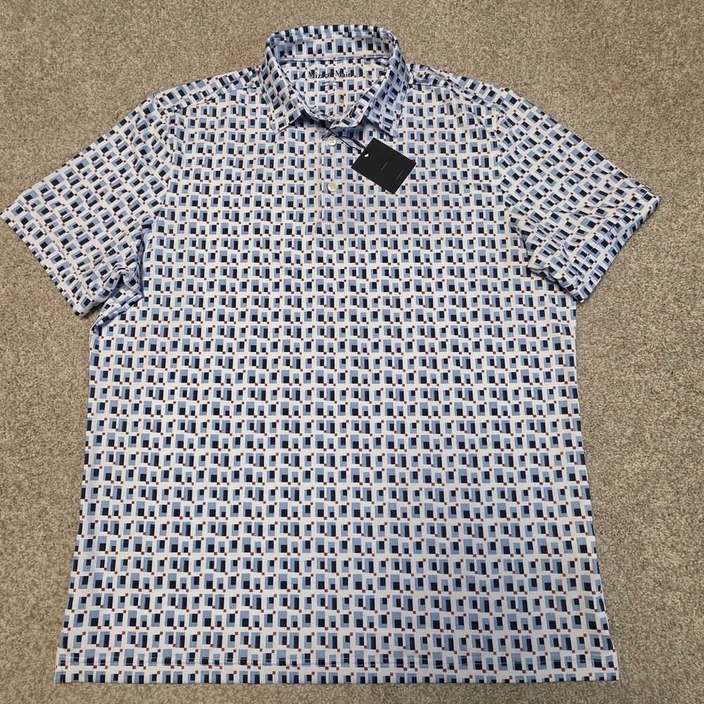 Mizzen+Main Mens Small Class Polo Shirt Blue Geometric Performance‎ Short Sleeve